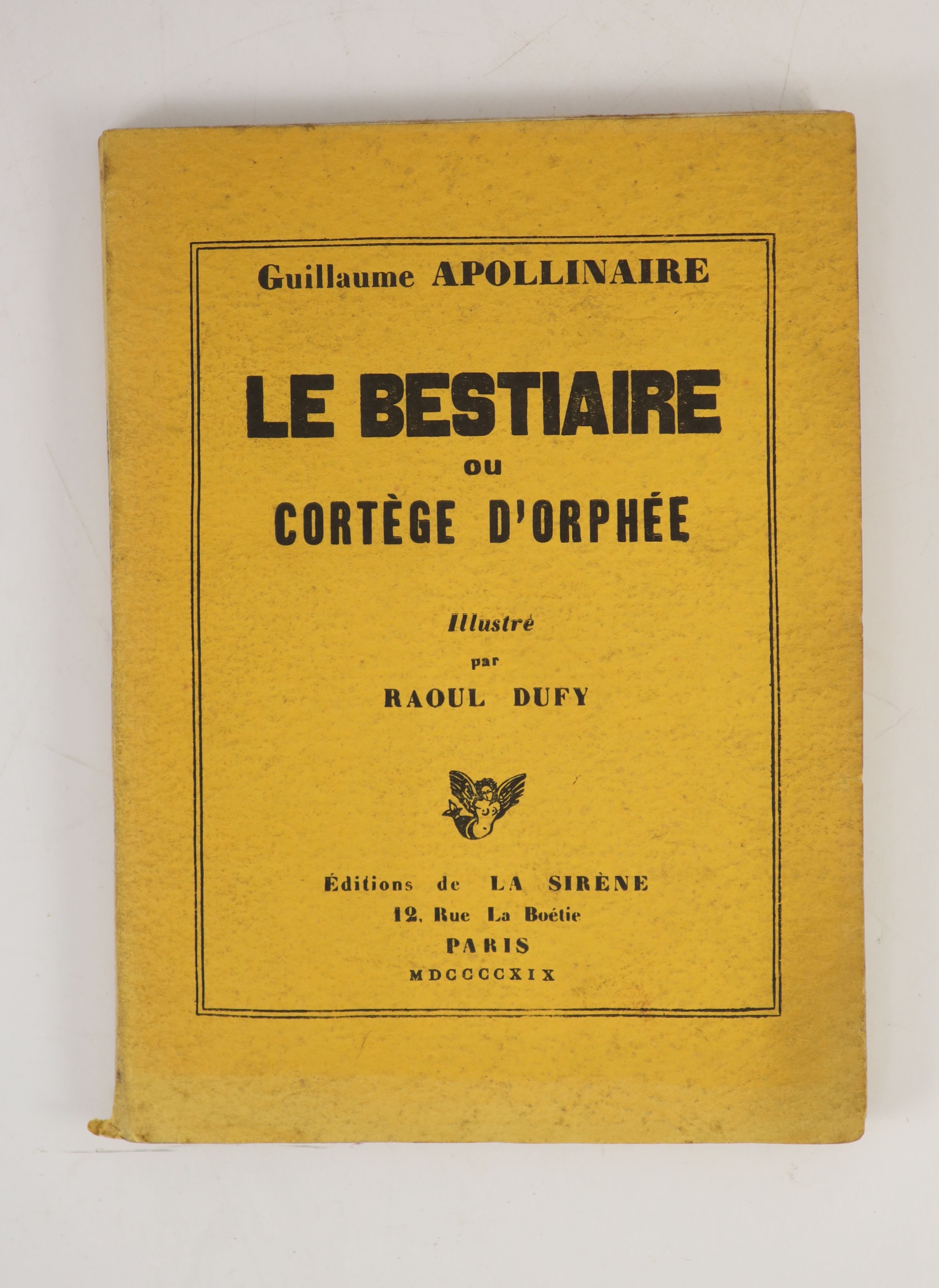 Apollinaire, Guillaume - Le Bestiaire ou cortège d’Orphee, one of 1250, illustrated with 32 wood engravings by Raoul Dufy, original yellow wraps, Paris, 1919